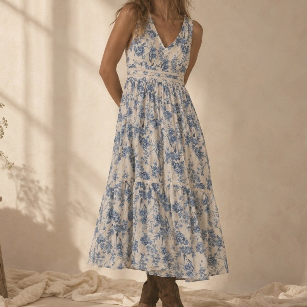 Taylor Maxi Dress Floral Toile Lace 14 Blue White Cottage Romantic Garden Party